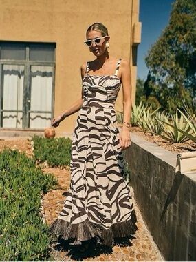 NWT Antonio Melani MG Style Fringe Linen Blend Maxi Raffia Skirt Set Brown~SZ 10